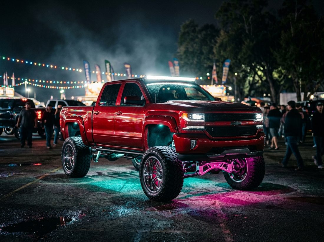 A custom lifted show truck glowing under the lights at the HardyCo Showdown