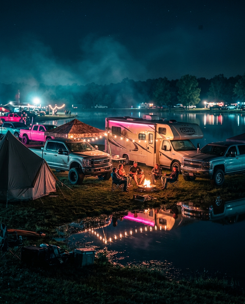 RV and tent camping by the lakes at night during the HardyCo Showdown
