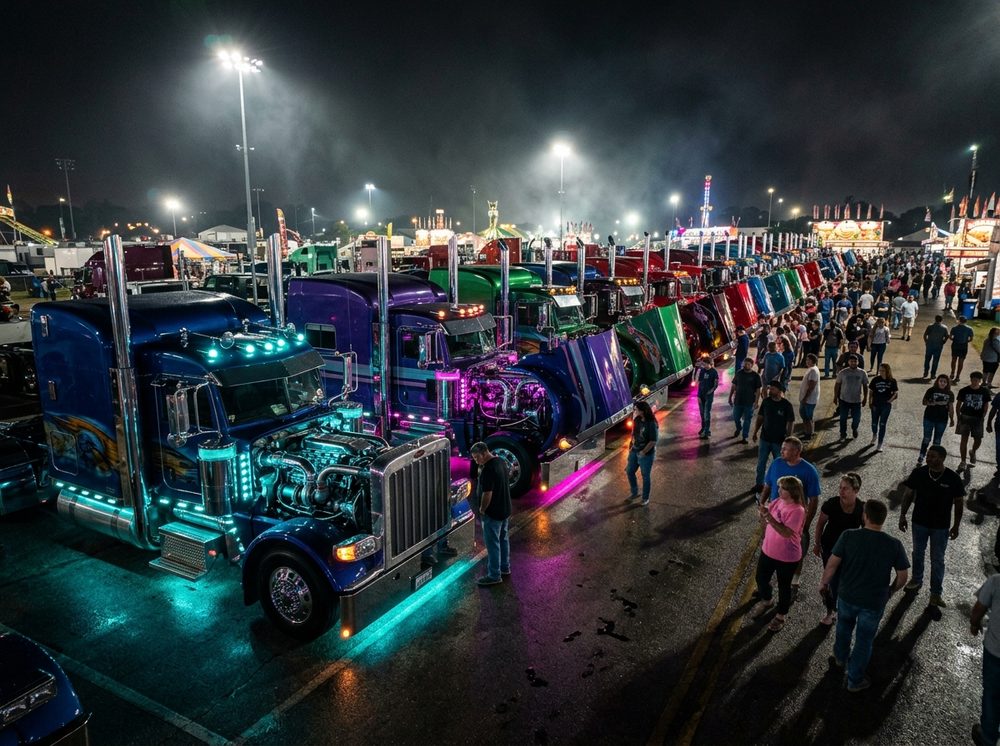 Rows of show trucks and builds competing at the HardyCo Showdown