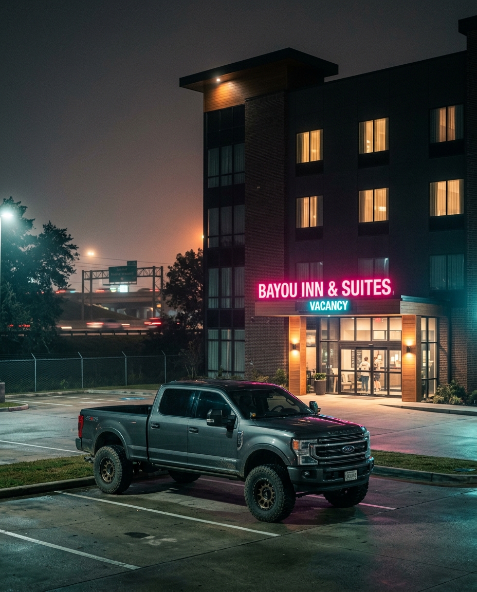 A lifted truck parked outside a Gonzales hotel at night near the HardyCo Showdown