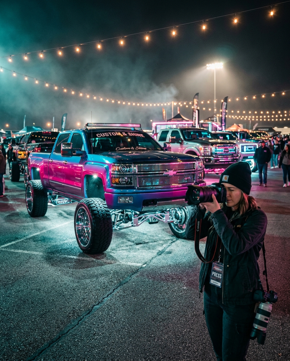 A press photographer capturing a custom show truck under the lights at the HardyCo Showdown