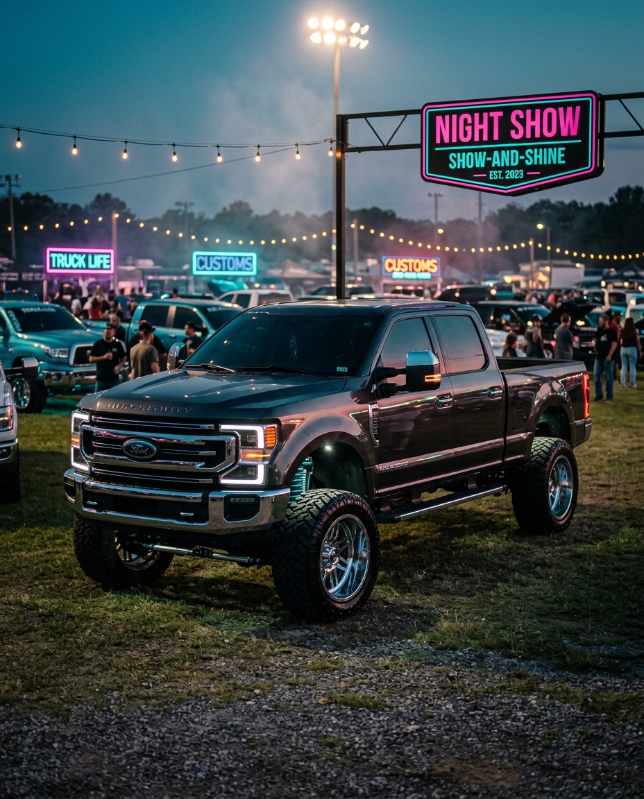 A clean lifted show truck staged under the lights at the HardyCo Showdown