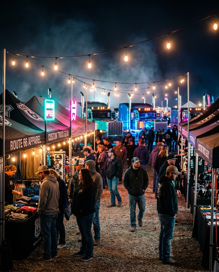 Vendor row glowing under string lights at the HardyCo Showdown